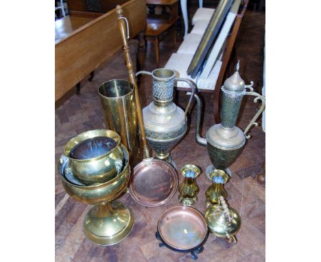 Brass Jardinière stand and stick stand, copper warming pan, Middle Eastern two-handled vase and pot etc