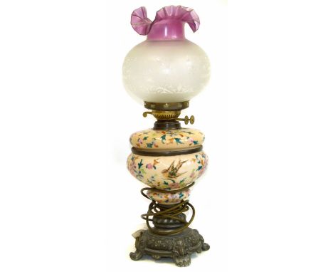 Victorian oil lamp complete with shade converted to mains electricity