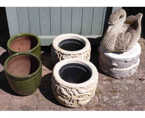 Two pairs of planters, pre-cast swan planter and two pre-cast bases