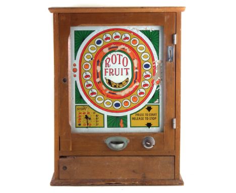 Roto Fruit English electric penny slot machine, with keys for movement and not for cash safe, 75cm high