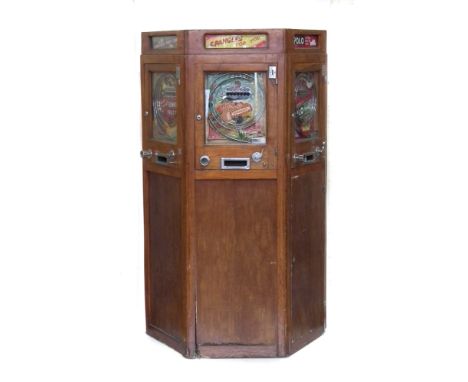 Ruffler and Walker London Triple slot machine in arcade cabinet, to include 'Rowntrees Fruit Gums', 'Spangles for you' and 'W