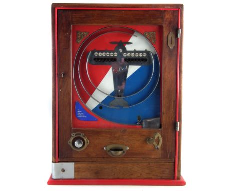 Oliver Whales Defiant penny slot pinball machine , with chromed aircraft and painted union jack backdrop, with keys, 79cm hig