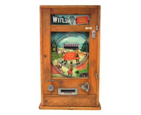 Oliver Whales Win a Rowntree Kitkat Allwin penny slot pinball machine, with keys, 80cm high. The pinball shooting handle is n