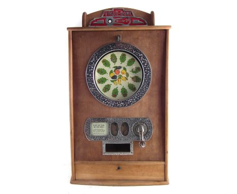 Bryan's Fruit bowl penny slot machine, running off new penny pieces, serial number 212, with key, 81cm The machine appears to