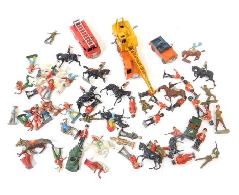 Painted lead soldiers, animals, Dinky Superior truck, a Dinky Superstores fire engine, Jeep, etc. (1 tray) 