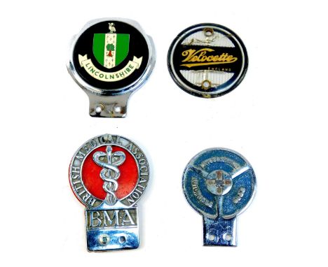 Four car badges, comprising Lincolnshire Automobile Club car badge, British Medical Association car badge, Lincolnshire car b