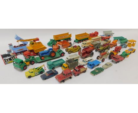 Diecast playworn vehicles, to include cars, truck, Dodge trucks, agricultural plough, racing car, tractor, etc. (1 box) 