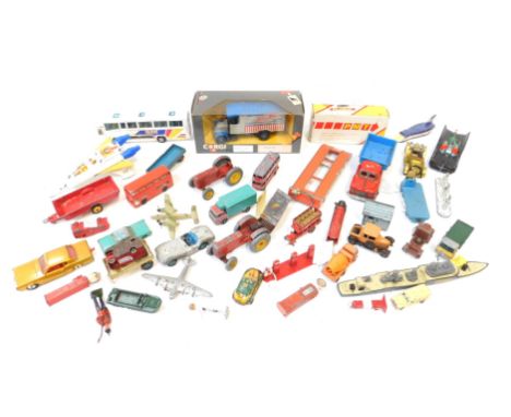 A group of diecast playworn vehicles, to include Corgi, Dinky and others, racing car, tractor, bus, etc. (1 box) 
