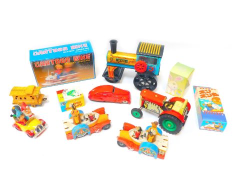 Various tinplate and other toys, comprising battery operated cartoon bike, Japanese tinplate wares, jumping frog, Noddy car, 
