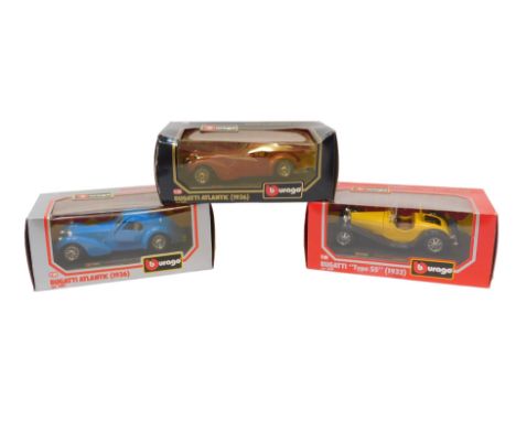 Burago diecast vehicles, 1:24 scale, comprising Bugatti Atlantic 1936 in tan, Bugatti Atlantic 1936 in blue, and Bugatti Type