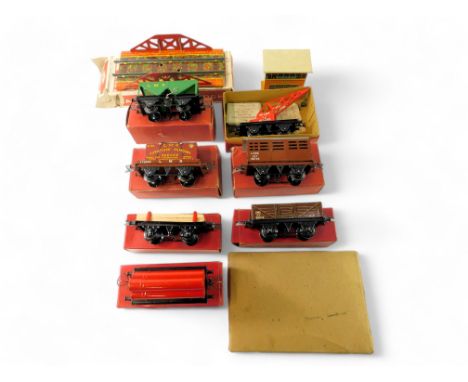 Hornby trains and Mettoy O gauge rolling stock and accessories, including Mettoy railway bridge, Hornby trains hopper wagon, 