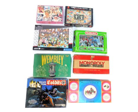 Toys, games and jigsaws, comprising Escape from Colditz Game, Philip's Mechanical Engineering kit ME1201, Monopoly, Wembley T