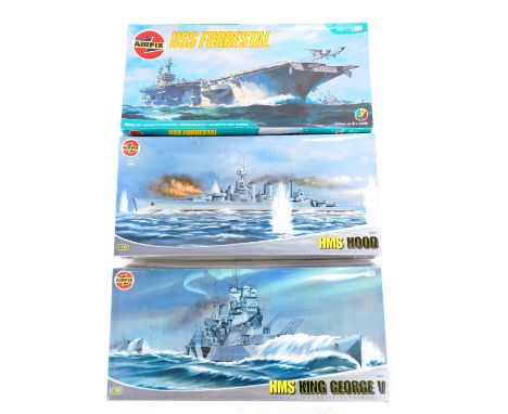 Airfix model kits, comprising 08201 USS Falstall, 1:600 scale, 08202 HMS Hood, 1:400 scale, and 08203 HMS King George V, 1:40