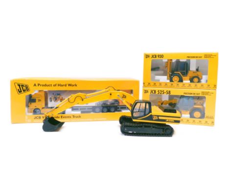 Four Joal JCB diecast models, comprising 1-35 scale Joal JS330L, unboxed, 1-50 scale JCB arctic, JCB 930, and a JCB 525-58, b