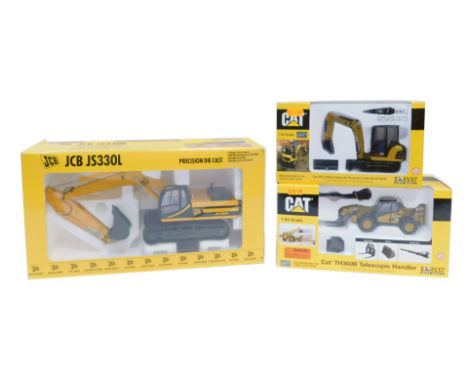 Three Norscott and Joal diecast construction models, comprising a CAT 1-50 scale TH360B telescopic handler, a JCB JS330L trac