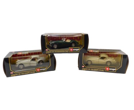 Burago diecast vehicles, 1:24 scale, including Jaguar XK120 Roadster, Jaguar XK120 Coupe 1948, and a Jaguar SK120 Coupe 1948,