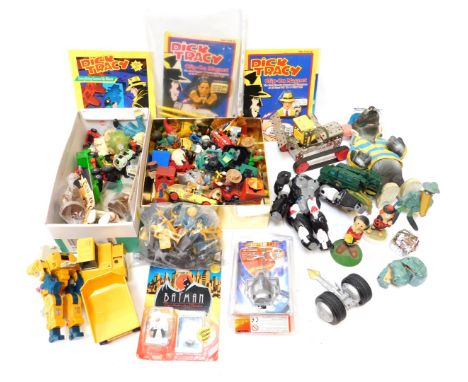 A group of diecast and other vehicles and toys, playworn, to include Magic Roundabout Corgi, Shaun the Sheep truck, Noddy car