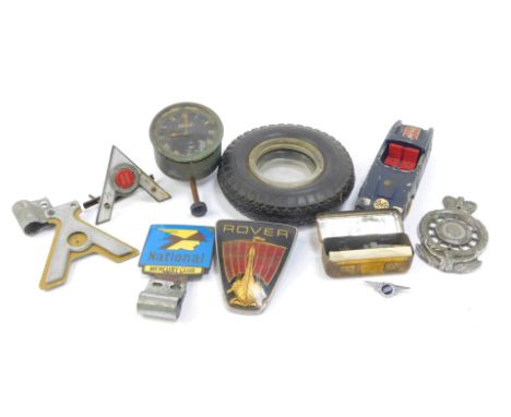 Various car badges, to include Rover, National Mercury Club, VM Driver, Royal Automobile Club, VM, Regulator Jaguar gauge, Sp