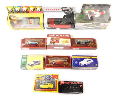 Diecast vehicles, boxed to include a Bullitt Corgi 1968 Ford Mustang, a Brumm Brmp 57 Graham Hill, a Blackpool Balloon tram T