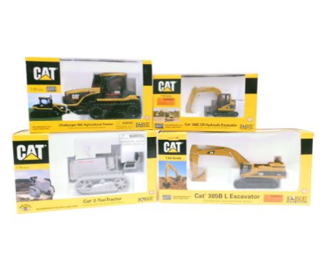 Four Norscott diecast CAT models, comprising 1-50 scale CAT 308C CR hydraulic excavator, 1-32 scale Challenger 95E agricultur