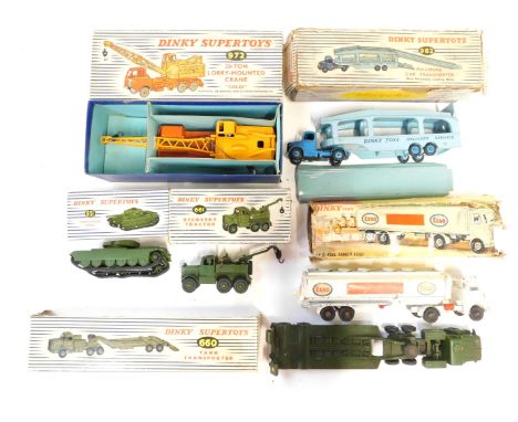 Dinky Supertoys armoured vehicles, comprising The Recovery Tractor number 661, Centurion tank 651, tank transporter 660, Pull