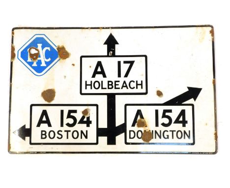 An RAC enamel road sign, for the split division between the A17 Holbech A154 Boston A154 Donington, stamped Royal Automobile 