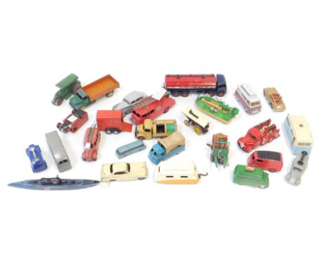 A group of diecast Dinky and Corgi toys, playworn,  to include Royal Mail van, horse trailer, fire engine, forklift, etc. (1 