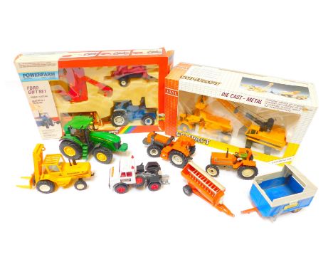 A Britain's Power Farm cased set, tipping trailer, John Deere tractor, Sanderson forklift, and a Joal diecast compact crane, 