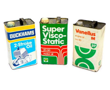 Three vintage oil cans, comprising Duckham's Two Stroke Oil, Vanellus BPM Engine Oil SAE40, BP Super Viscose Static 20-50 Mot