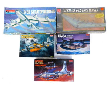 Five aircraft scale model kits, comprising Academy Consolidated PBY 5A Black Cat Catalina 1-72 scale, Boeing SB17 Air Rescue 