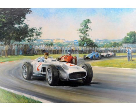 After Alan Fearnley. Fangio, print of Juan Manual Fangio on his way to victory in his Mercedes Benz W196, framed, 58cm high, 