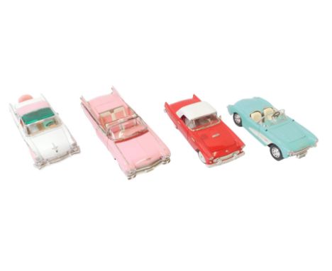 Four 1-18 scale diecast vehicles, comprising a Revell Thunderbird 1990, Burago Chevrolet Corvette 1957, Maisto Cadillac 1959,