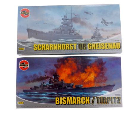 Airfix model kits, comprising Snarhaus Gneisenau, and 08205 Bismark/Tirpitz, 1:400 scale, boxed. (2)