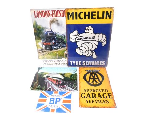 A group of reproduction metal automobile related posters and related signs, comprising Moto BP Spirit, Talyllyn Railway, AA G