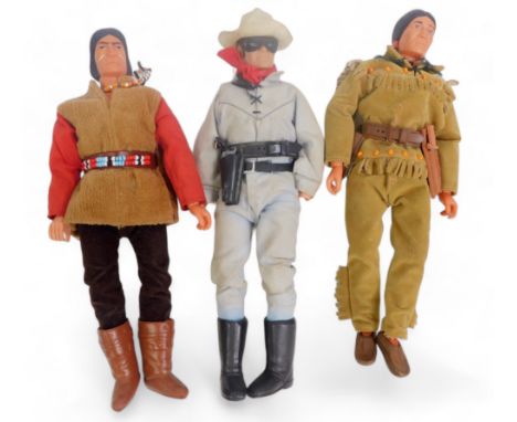 Marx Toys Lone Ranger figures, including The Line Ranger, Red Sleeves and Tonto. (3) 