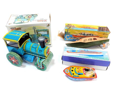 Tinplate clockwork toys, comprising a Kovar Retro Road Roller 1927, a Cabin Cruiser clockwork powered Wellstow Toys model, an