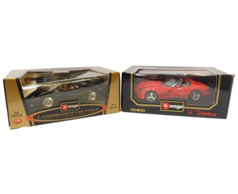 Burago diecast vehicles, 1:18 scale, comprising Burago Viper RT10, and Lamborghini Countach 5000 Quatra valve only 1988, boxe