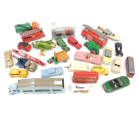 Diecast vehicles, playworn, to include Dinky car transporter, Dinky fire engine 955, Shadow, truck, Lady P's car, etc. (1 tra