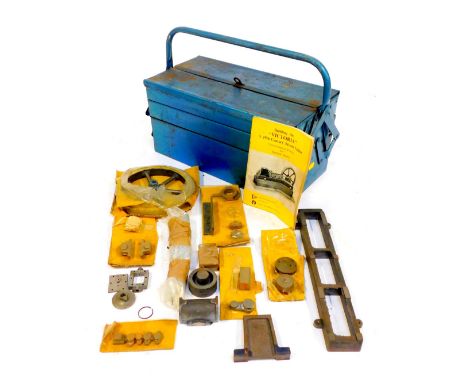 A blue cantilever toolbox and contents, comprising bicycle spares and repairs, rods, brake parts, foot pedals, etc. (1 box) 