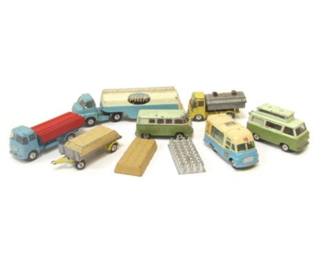Diecast vehicles, playworn, comprising Corgi Ford James caravan, Smith's carrier van, Corgi Major big Bedford tractor unit fo
