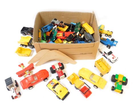 Playworn diecast vehicles, Tonka, Tri-ang, Dinky and others, to include tractor, boomerangs, racing cars, sports cars, etc. (