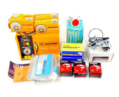 Bicycle parts, to include Clarks control cables, Stumney Archer, GMM six way, Bluemels reflectors, Raleigh inner tubes, Miche
