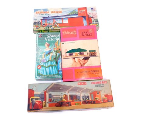 A group of model kits and games, comprising Merritt loading bay, assembly kit, OO and HO gauge, HO gauge school house, Tri-an