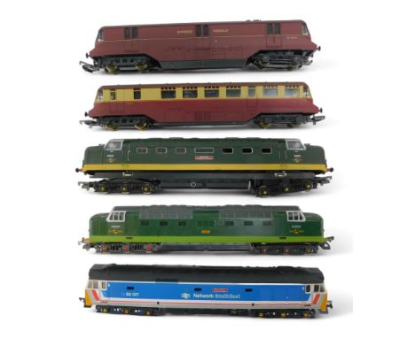 Lima diesel locomotives, including class 55 locomotive Meld D9003 in BR two tone green, a class 50 locomotive Royal Oak 50017