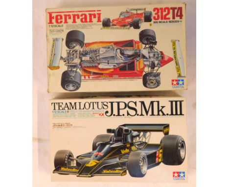 Two Tamiya 1:12 scale kit built racing car models, comprising JPS Mk 3 Team Lotus, and a Ferrari 312 T4, boxed. (2)