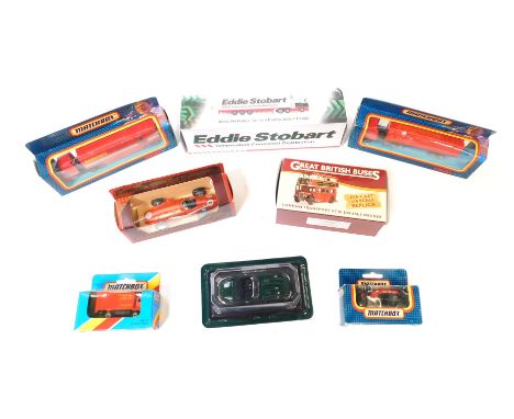 Model trucks and buses, comprising Matchbox Convoy CY24 and CY25, Matchbox MB72 delivery truck, Matchbox Grand Prix MB14, Gre