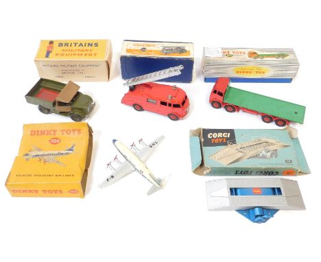 Dinky and other diecast play worn vehicles, comprising a Dinky Toys Foden flat truck number 902, boxed, Dinky Toys fire engin