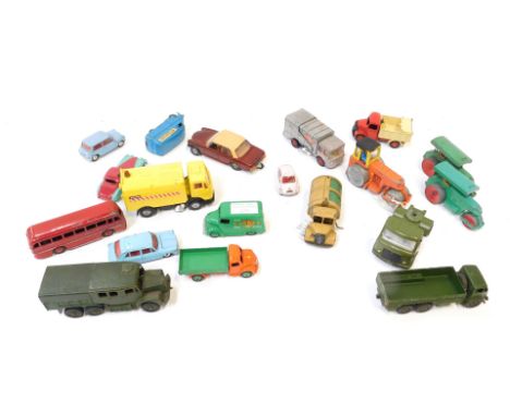 Diecast vehicles, playworn, including Dinky Trojan van, Dinky articulated roller, Corgi Mercedes Benz 240D, etc. (1 tray) 