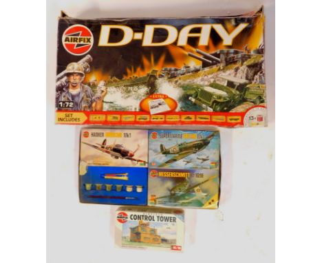 Three Airfix model kits, comprising 1-72 scale D Day A90300, air field control tower HO/OO gauge, and the President's set wit