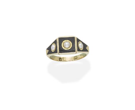 GOLD, BLACK ENAMEL AND PEARL MEMORIAL RING, DATED 1893Set with three half-pearls with black enamel decoration, opening to rev